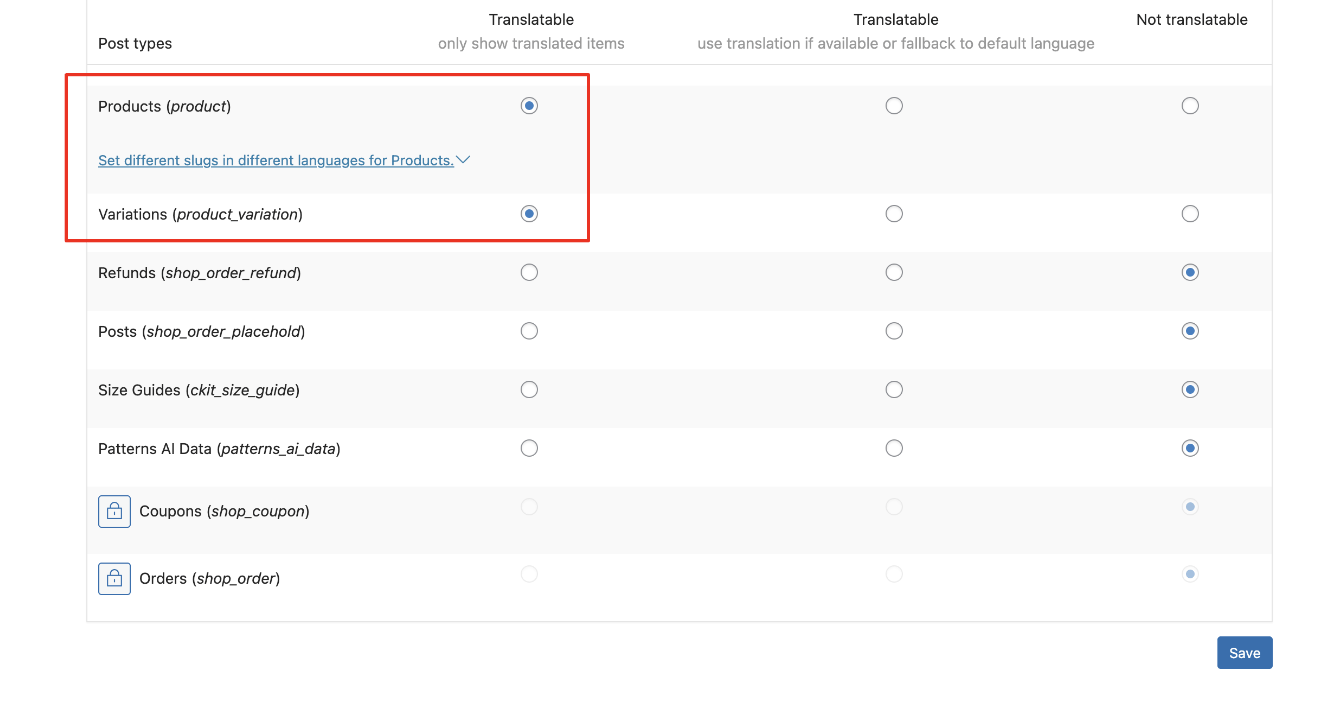 Ensure that Products and Variations are translatable