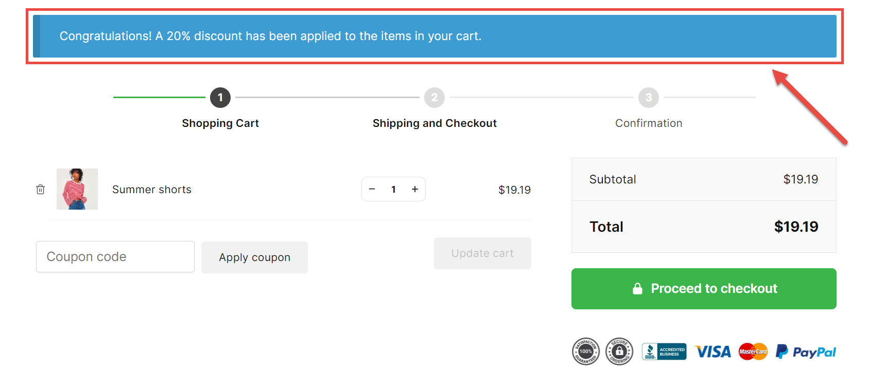 Shopping Cart Discount Notice