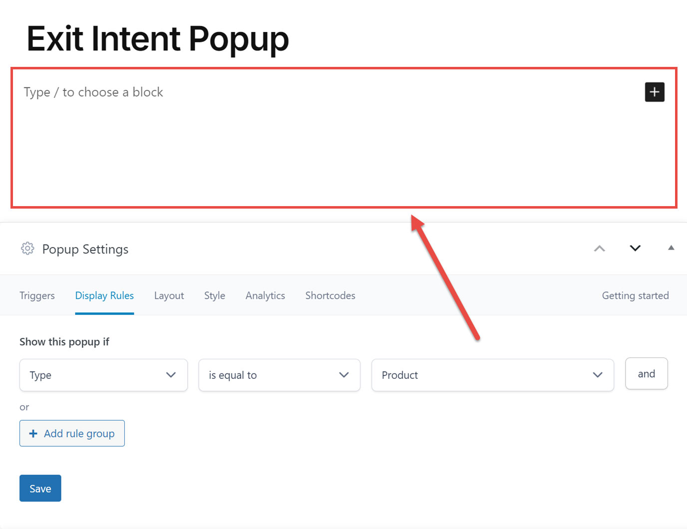 Default WordPress Popup Editor Interface