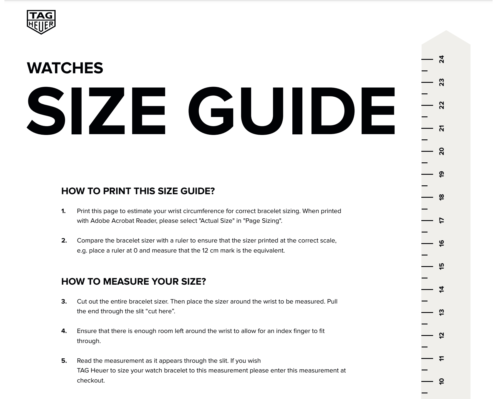 TAG Heuer Printable Size Guide