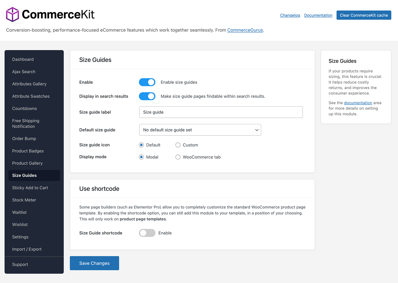 CommerceKit Size Guide Dashboard