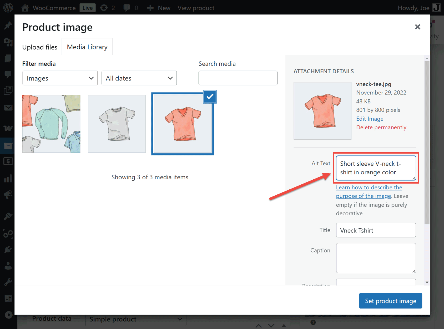 The WordPress alt text fields.