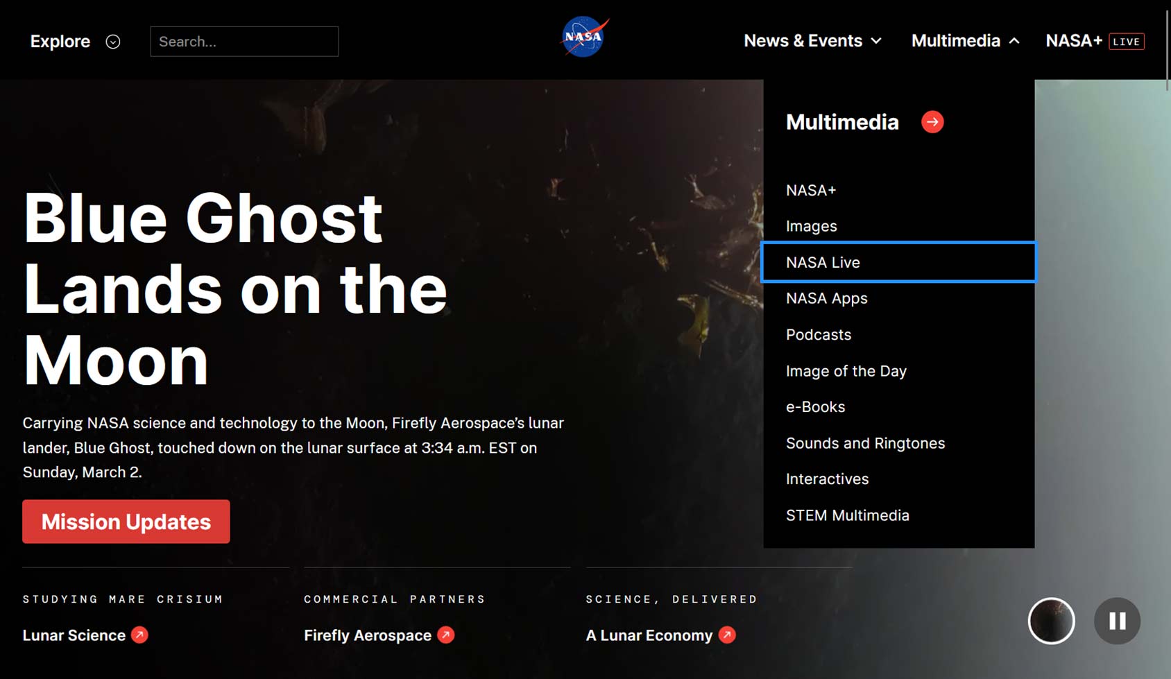 Example of keyboard navigation support on the NASA website.